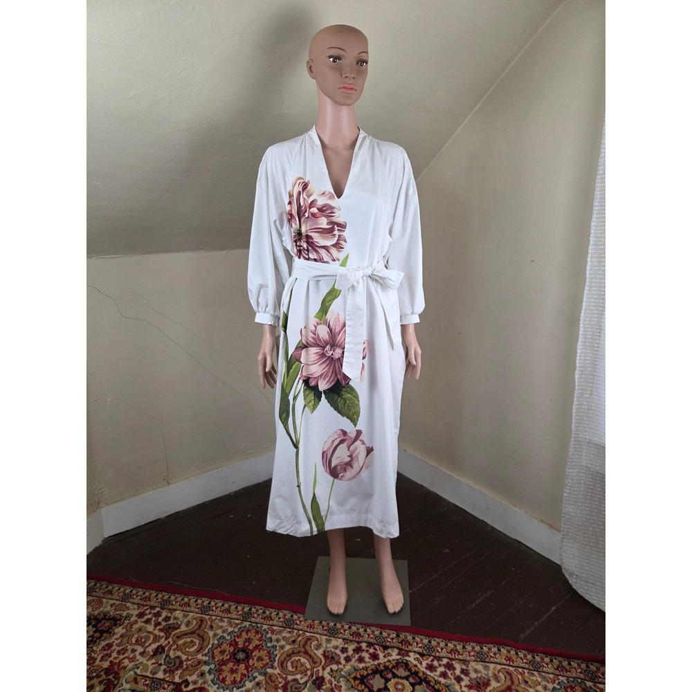 Anthropologie Belted V-Neck Floral Midi Dress MP Medium Petite Cotton Pockets - Picture 13 of 13